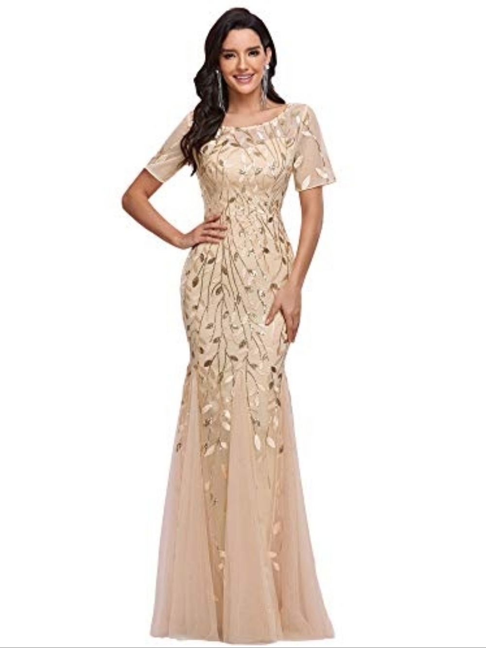 Embellished Champagne Maxi Dress with Leaf Details New Luxury Gown Feminine 2xl
